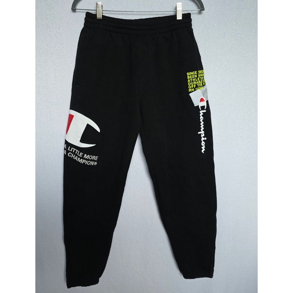 Champion Jogger Sweatpants Mens Small Black Excellent Graphic Logo Heritage
